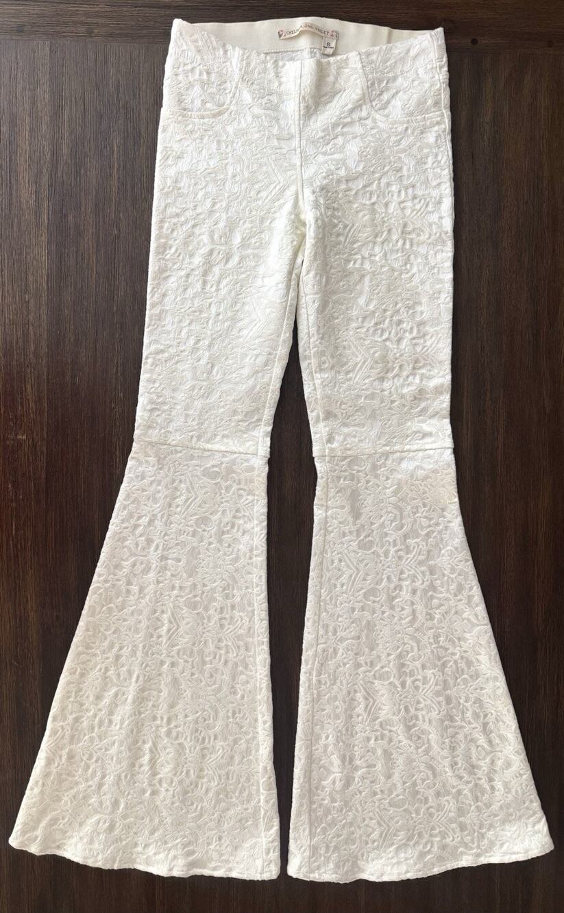 White Jacquard Bell Bottom Flare Pants Statement Maximalist Bridal Small